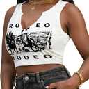 LovelyWholesale Sexy Crop Top for Women Graphic Tees V Neck Ribbed Tank Top (White)