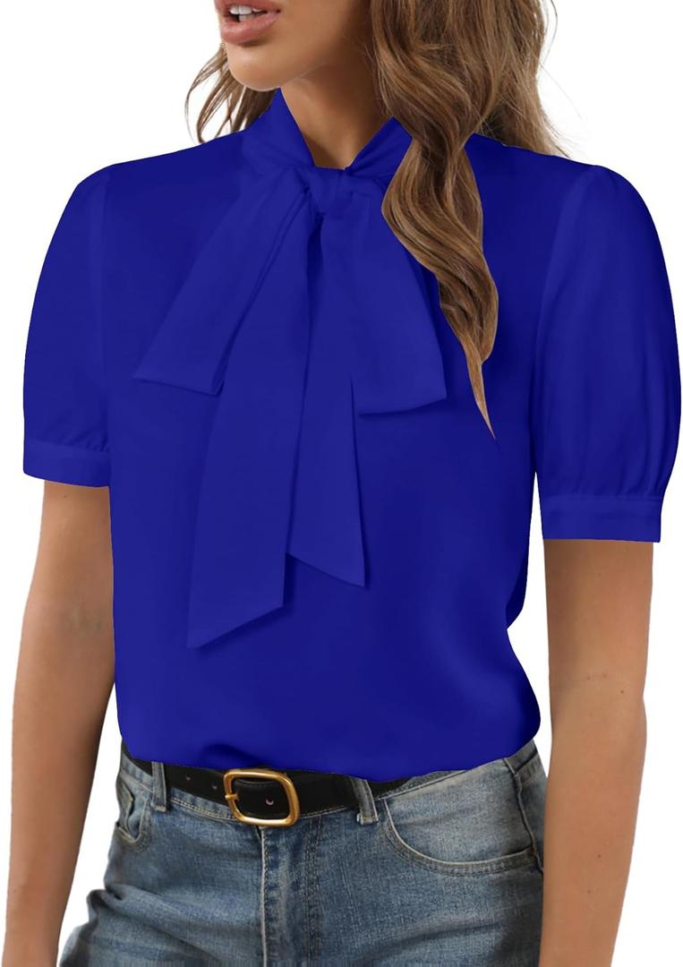 Rooscier Women's Bow Tie Neck Short Sleeve Elegant Office Workwear Blouse Shirt Tops (X-Large, Royal Blue)