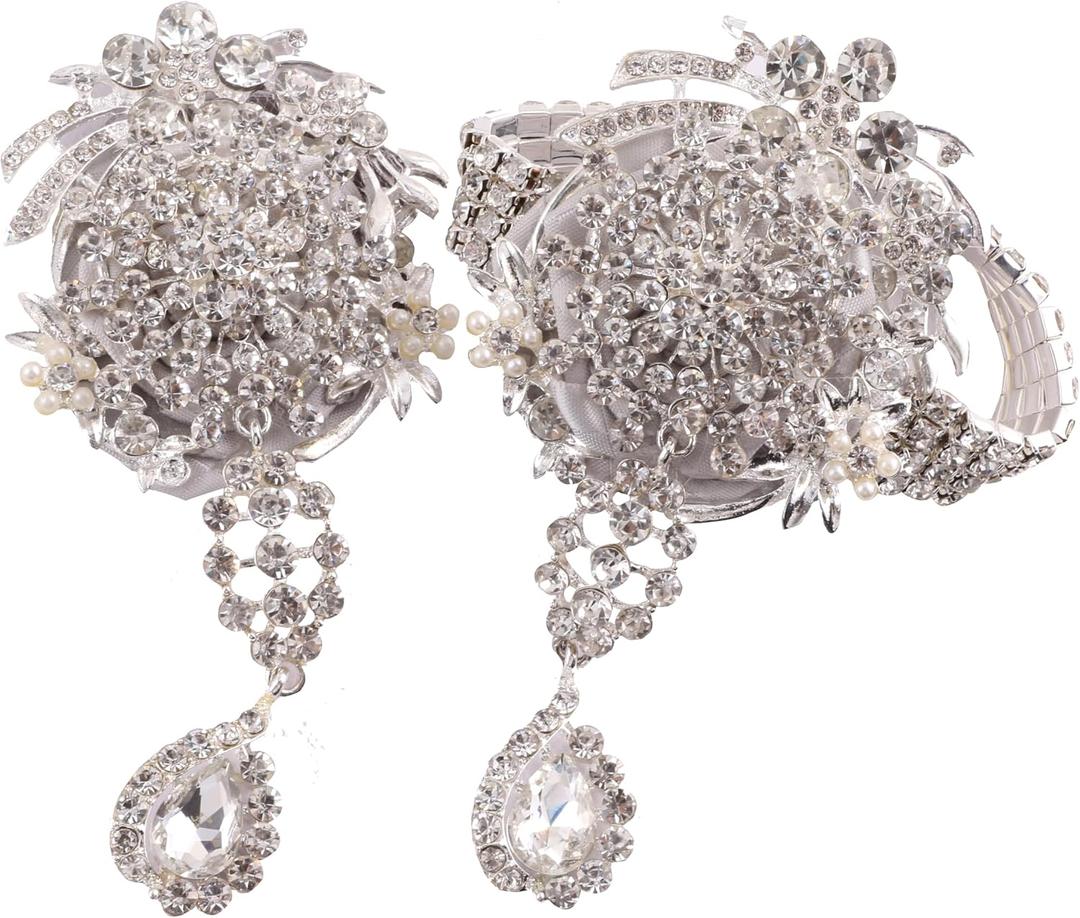 Corsage Wristlet Boutonniere 2 Pcs Silver Wrist Flower with Rhinestone Wristband and Corsage for Groom Perfect for Wedding Party Fullhand Made Heavey Weight(Large)