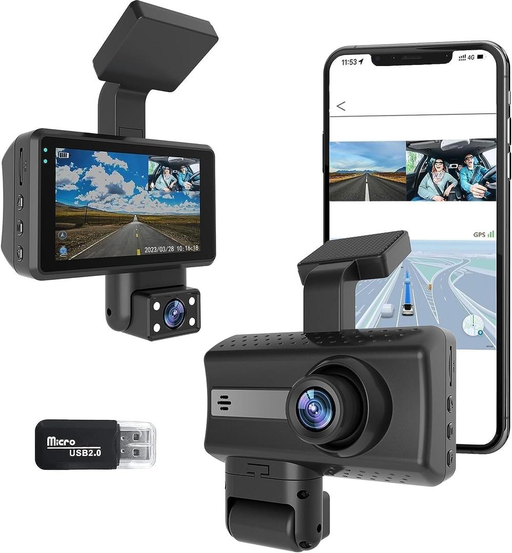 Dash Camera 2 Channel Car Camera 360 Front Interior Dash Camera FHD DVR 3" LCD Super IR Night Vision 24 Hour Parking Monitor Motion Detection
