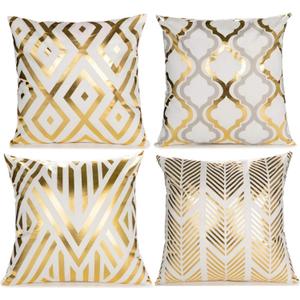 ZLINA Home Decorative Set of 4 Throw Pillow Covers Gold Foil Pillow Covers 18 18 Inch Geometric Square Cushion Covers Decor Couch Sofa BedroomWhite and Gold