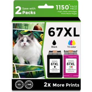 Compatible 67XL Ink Cartridge Replacement for HP 67 XL hp67xl Black/Color Combo Pack for DeskJet Envy 2855e 2827e 2755e 6055e 2700 2700e 6000 6000e 4155e 4227e 2734e 6455e 6400 2752e 4100 4100e