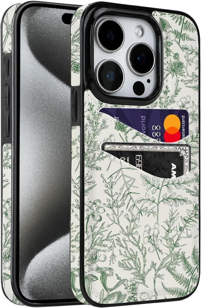 for iPhone 15 Pro 6.1 inch Case with Card Holder Soft Leather Wallet Case Protective Shockproof Hard Cover for Women Man (Green Floral Flowers, iPhone 15 Pro 6.1 inch)