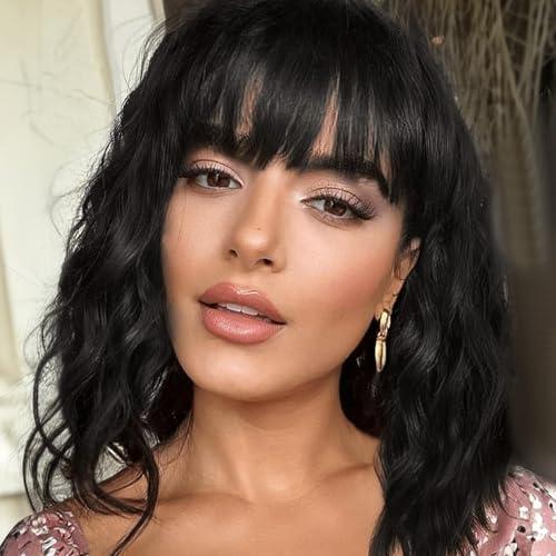 Lihui Black Wigs With Bangs Short Wavy Wig for Women 14 Inch Black Curly Shoulder Length Bob Wigs Synthetic fiber Hair for Daily Party Use