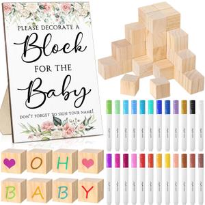 Tatuo 75 Pcs Baby Shower Block Games Here Comes The Son Baby Shower Decor 50 Blank Wooden Blocks 1 Decorate a Block Sign and 24 Paint Markers Party Decorations Activities for Guests(Floral)
