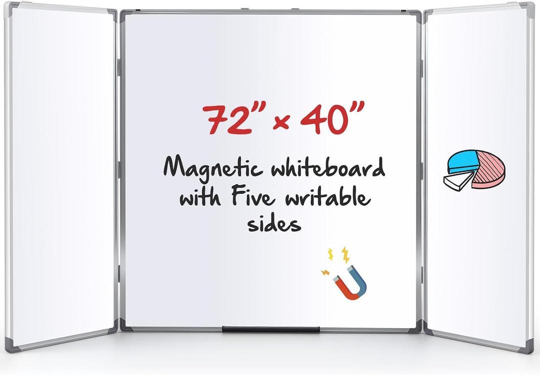 AmazingSpark 72 x 40 Foldable Whiteboard Dry Erase Board Large Tri Folding Whiteboard Magnetic Dry Erase Board, Wall Aluminium Frame and Pen Tray for Office, Home