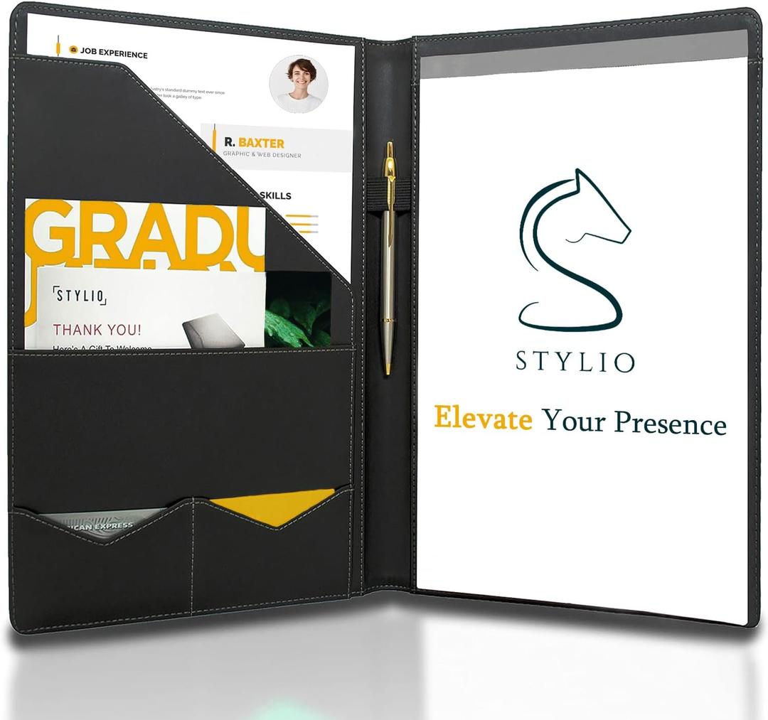 STYLIO Padfolio Portfolio Organizer Binder | Interview Resume Folder, Legal Document, Business Card Holder |w/Letter-Sized Notepad | Handsome Piano Noir Faux Leather Folio Matte Finish, Accent Stitch (Padfolio (12.5" x 9.6" x 0.9"), Black)