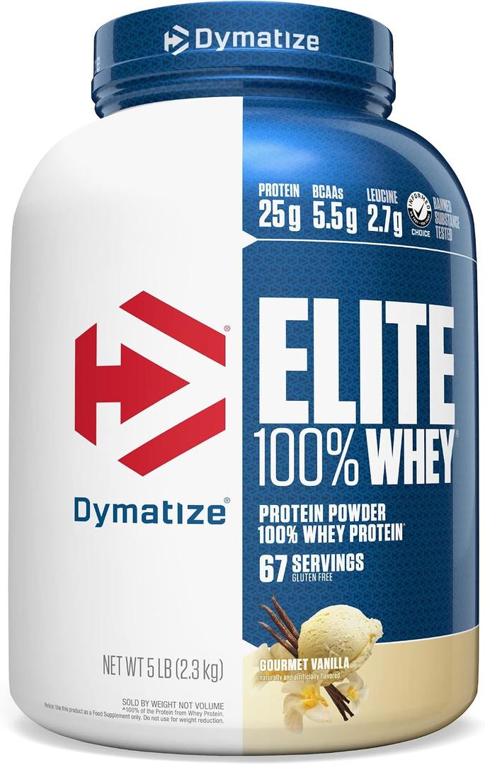 Dymatize Elite WHEY 25g Protein Powder, Gourmet Vanilla, 67 Servings 100% Whey Protein Blend, 5.5g BCAAs, 2.7g Leucine, Muscle-Building Amino Acids, Gluten-Free, 5 lb, BBD 03/2028