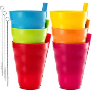 Kids Cups with Straw  Set of 6 Toddler Cups with BuiltIn Straw 10 Oz BPA-Free Plastic Drinking Cups for Kids Top Rack Dishwasher Safe