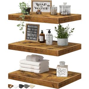 QEEIG 10" Deep Floating Shelves for Wall - 10 x 16 inch Book Shelf Bathroom Bedroom Kitchen Living Room Hanging Bookshelf Farmhouse Set of 3, Rustic Brown (025-40BN3)