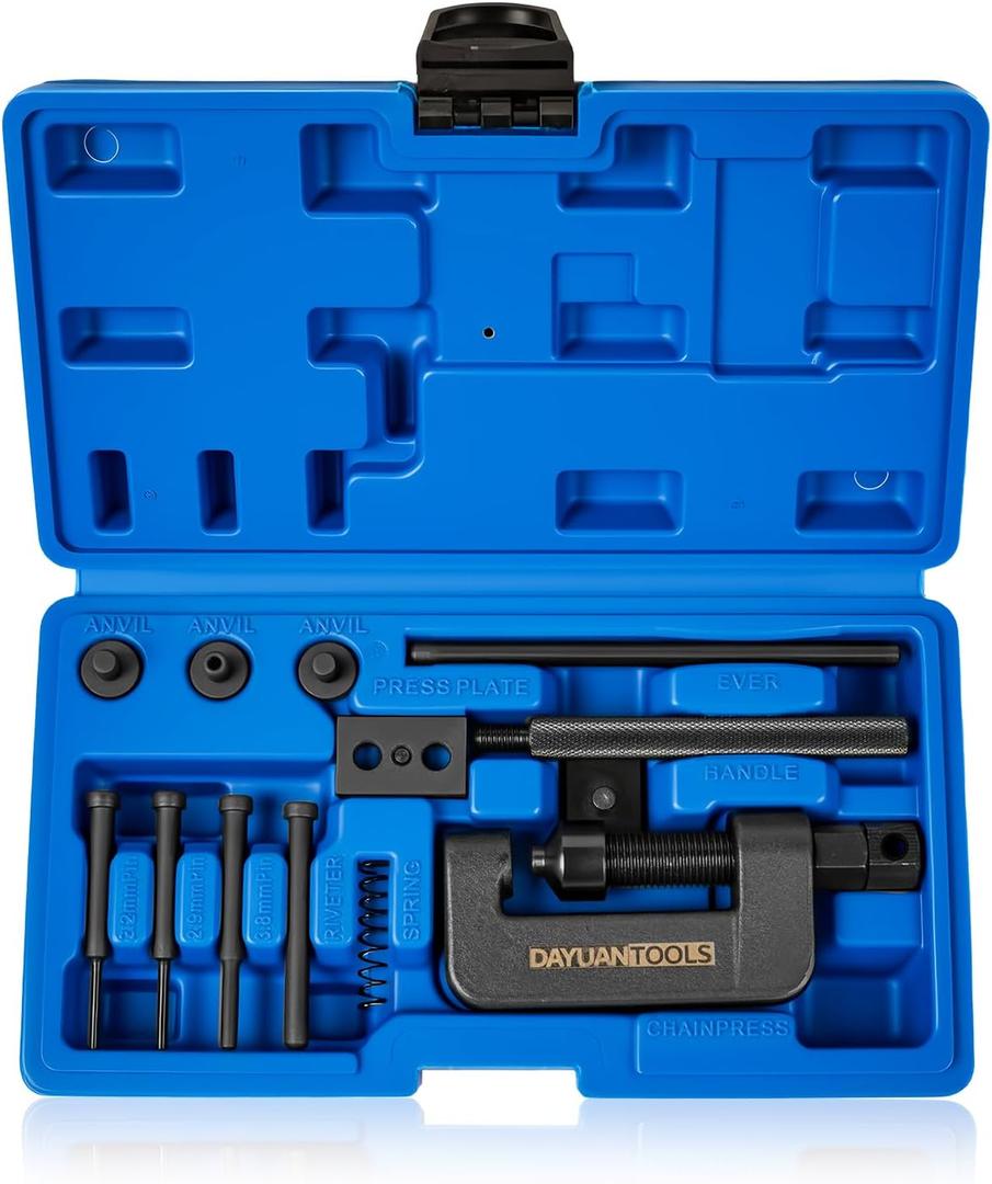 DAYUAN 13 pcs Motorcycle Chain Breaker Set,Chain Removal Tool Chain Cutter and Riveter Kit for Cam and 35 to 630 Chains With Blue Carrying Case