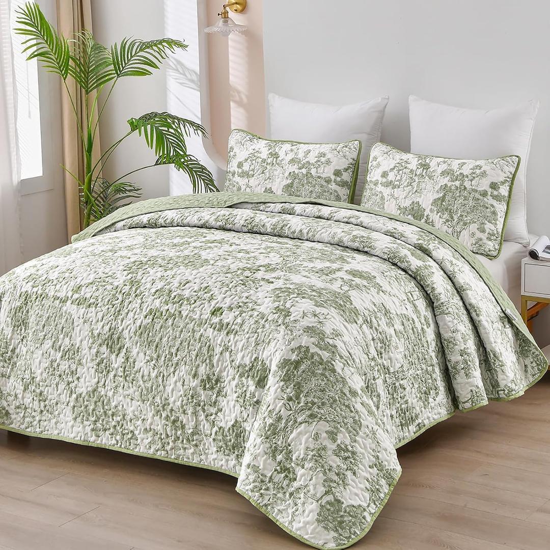WONGS BEDDING Botanical Quilt Set King, Sage Green 3 Pieces Toile Floral Plants Printed Bedspread Bedding Set Soft Lightweight Microfiber Coverlet Set for All Season (104"x90")