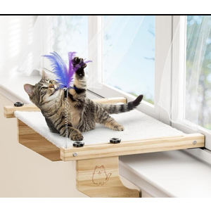 BETOPET Cat Window Perch Large - 21.7'' Cats Window Hammock/Bed with Feather Toy, Premium Hardwood and Robust Metal Straight Rod Frame for Windowsill, Bedside, Drawer and Cabinet