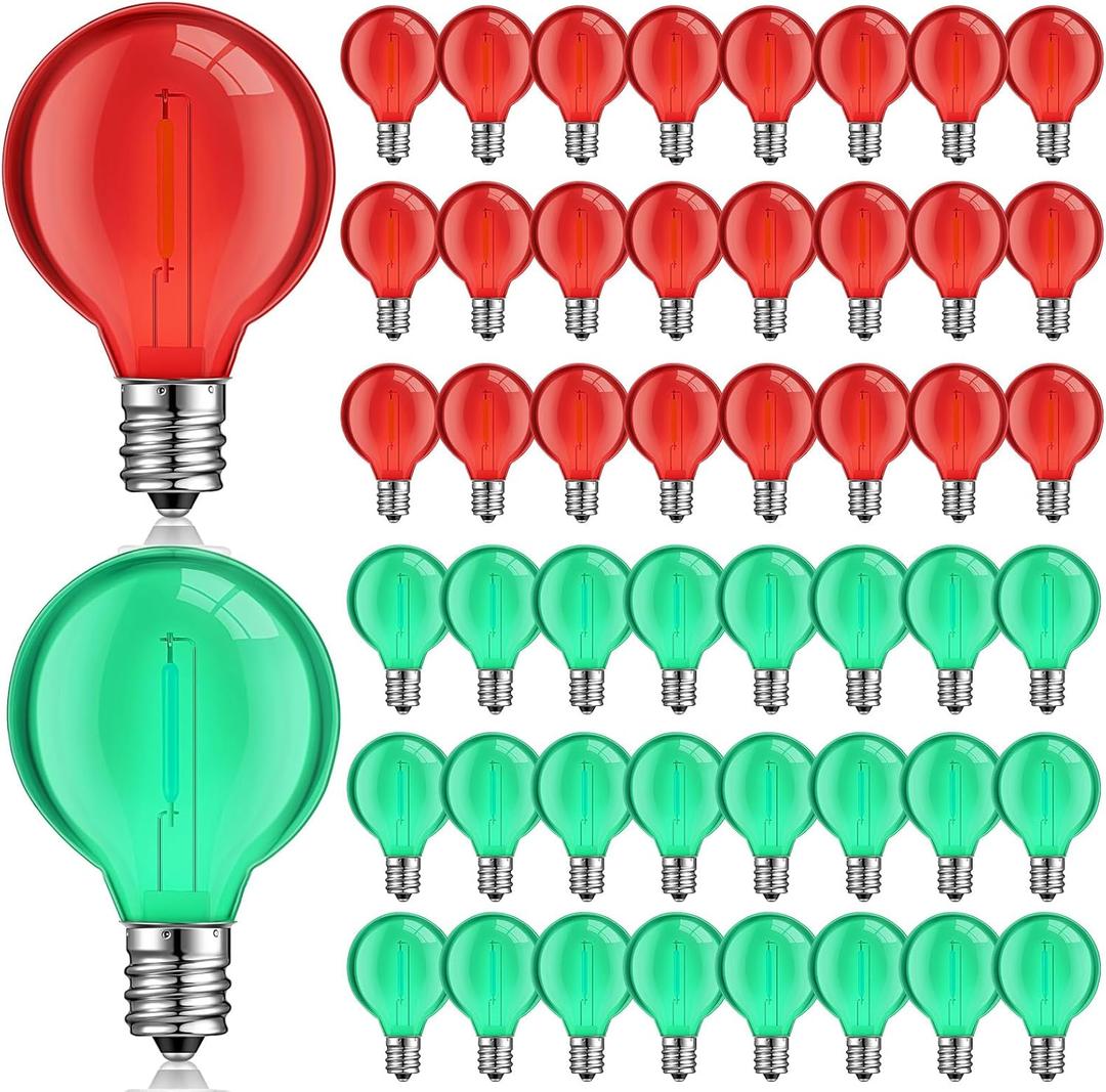 LEIFIDE 50 Pcs G40 Globe Replacement Light Bulbs LED Outdoor String Light 1w for Christmas Plastic Bulb with C7 E12 Candelabra Screw Base Indoor Patio Lights Decor (Green, Red)