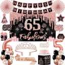 65th Birthday Decorations for Women,32PCS 65th Birthday Party Decorations,Including Backdrop, Crown, Sash, banner, Hanging Swirl,Cake Topper,balloons,Paper Fans,Anniversary Card and paper fans