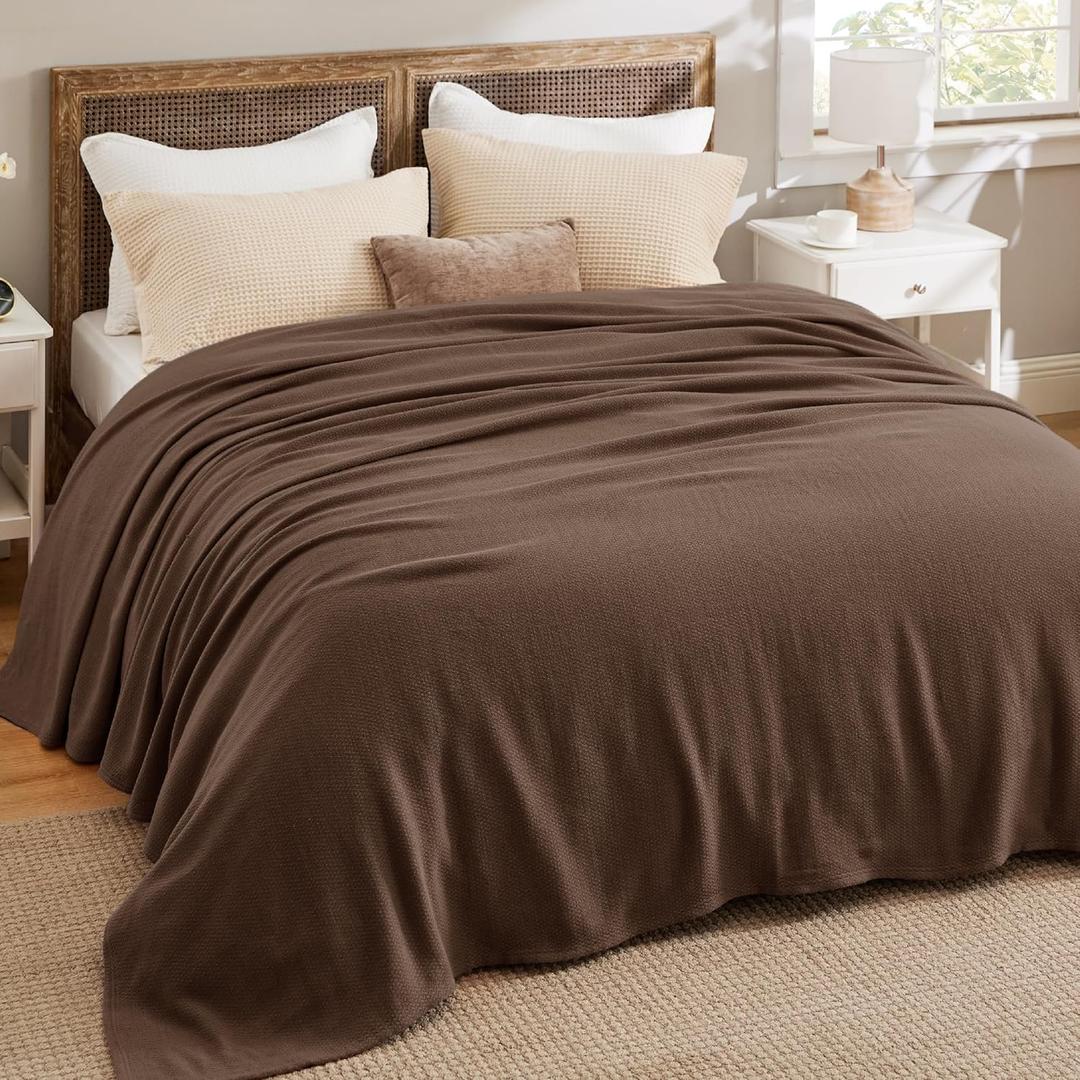 Cotton Blanket Queen Size for Bed - Breathable and Lightweight, Soft Cozy Textured Herringbone Woven Blanket for Summer, Brown, 90x90 inches