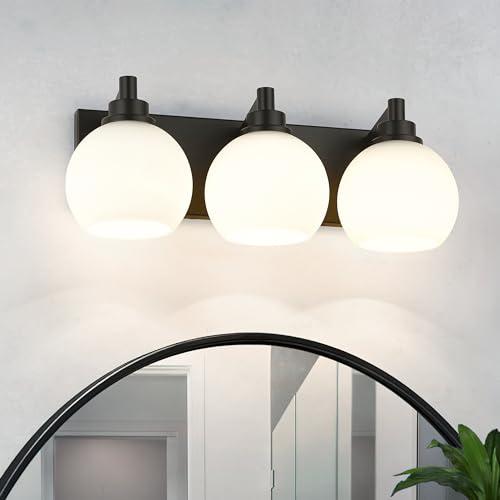 METWET Bathroom Light Fixtures, 3-Light Matte Black Vanity Light, Modern Wall Sconces with Milk White Globe Glass Shade, Vanity Lighting Fixtures Over Mirror, VL195-MB-ML-3