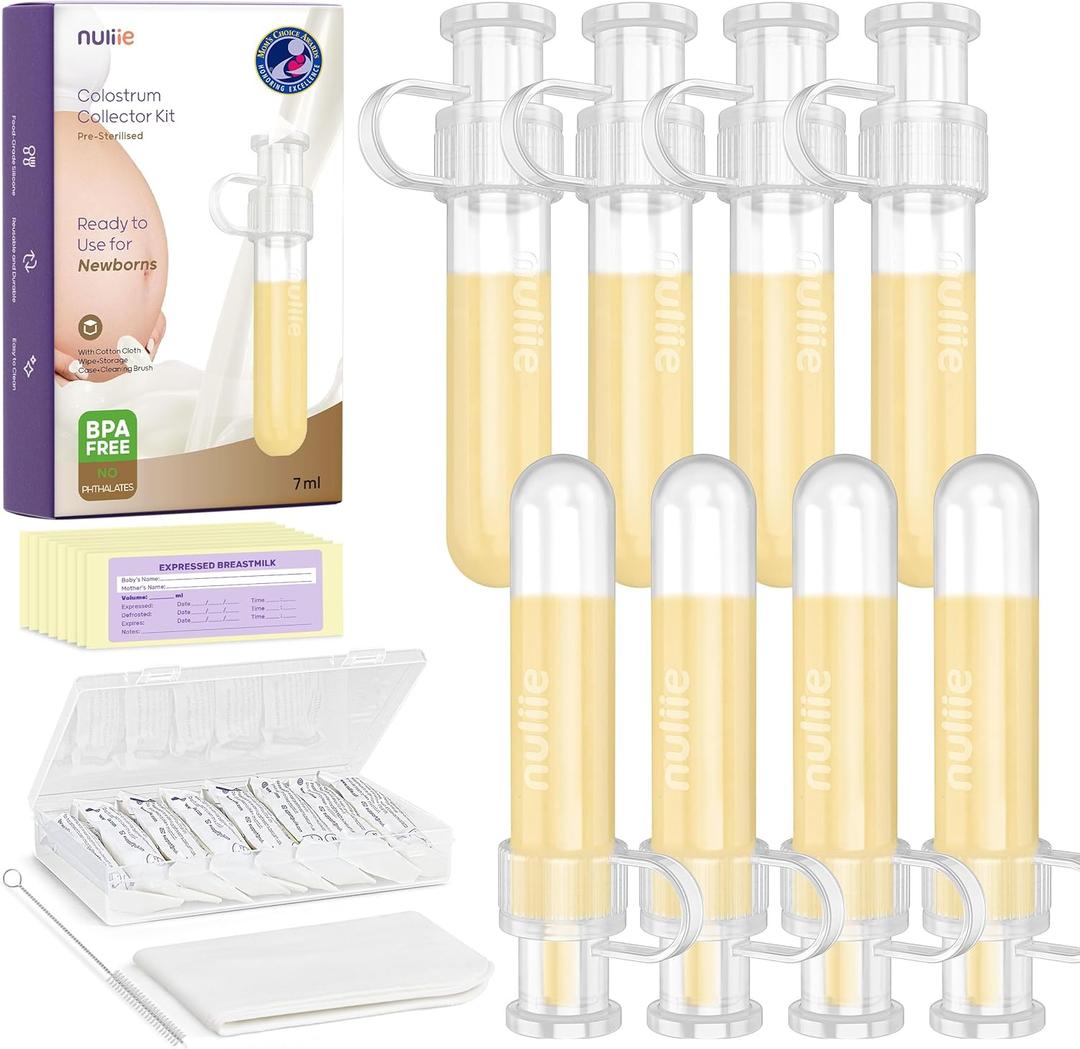 Nuliie Colostrum Collector Kit 7ml/8pcs, Leakproof, Reusable Breast Milk Collector, Heat & Freezer Resistant, BPA-Free, With Cotton Cloth Wipe, Storage Case, Cleaning Brush - Ready-to-Use for Newborns