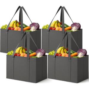 Lifewit Reusable Grocery Bags 4 Packs, Heavy Duty Foldable Shopping Bags with Reinforced Handles, Extra Large Utility Tote Bags Stay Open, Sturdy Standing Carry Box Bag for Kitchen, Car Trunk, Gray