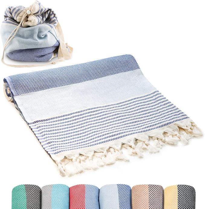ATANI Turkish Beach Towel (71x39 Inches), Converts to a Bag, Oversized 100% Cotton Bath Towels Lightweight Quick-Dry Beach Blanket for Travel, Picnic, Camping, Yoga and Pool (Blue)