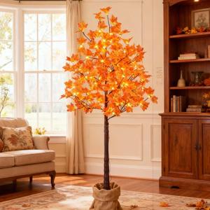 6FT Artificial Lighted Maple Tree, 120LED Warm White, Fall Tree Decorations for Indoor & Outdoor, Autumn Harvest, Orange
