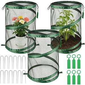 3PCS Pop Up Plant Covers from Animals, 20" H X 14" D Foldable Mesh Plant Tent Cover Protectors, Garden Insect Barrier Mini Greenhouse Plant Guard Cover Net with 12 Stakes & 6 Labels for Outdoor Plants
