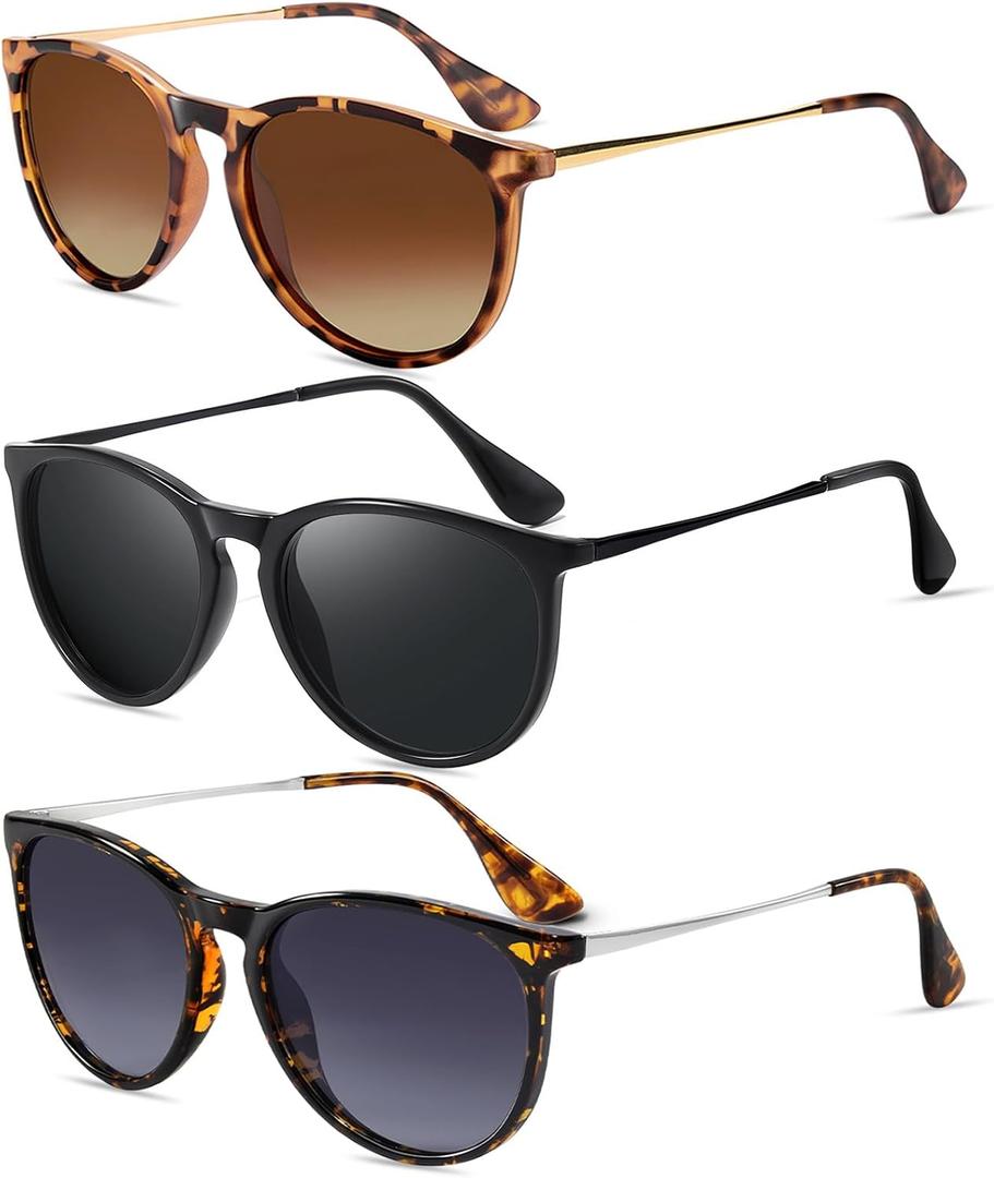 CHBP Sunglasses Womens Men Polarized UV Protection Trendy Vintage Retro Round Mirrored Lens Sunglasses For Women (A1-3pack-tigerspot Frame Gradient Grey Lens+leopard Frame Brown Lens+black Frame Gradient Grey Lens)