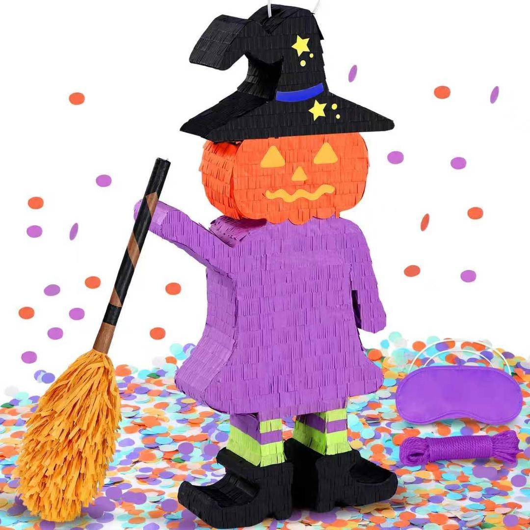 Large Witch Pinata (24.4 X 12.4 X 3 In) | Pumpkin Halloween Piata - Trick-or-Treating Party Kit with Stick, Blindfold, Rope for Kids' Party & Spooky Theme Celebrations
