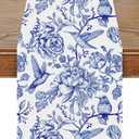 Snycler 13x72 Inch Table Runner Blue and White Monochrome Sketch Birds Flower Table Cover Retro Floral Kitchen Dining Table Decoration for Indoor Outdoor Home Party Restaurant Supplies