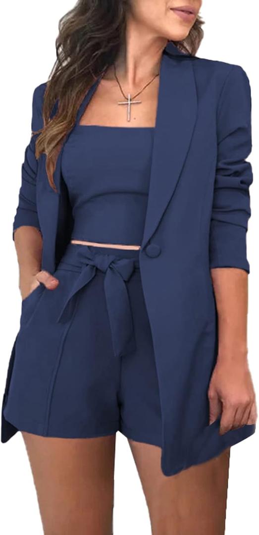 3 Piece Blazer Sets for Women Open Front Button Blazer + Crop Tops + Shorts Bottoms with Belt Business Suit Sets (XX-Large)