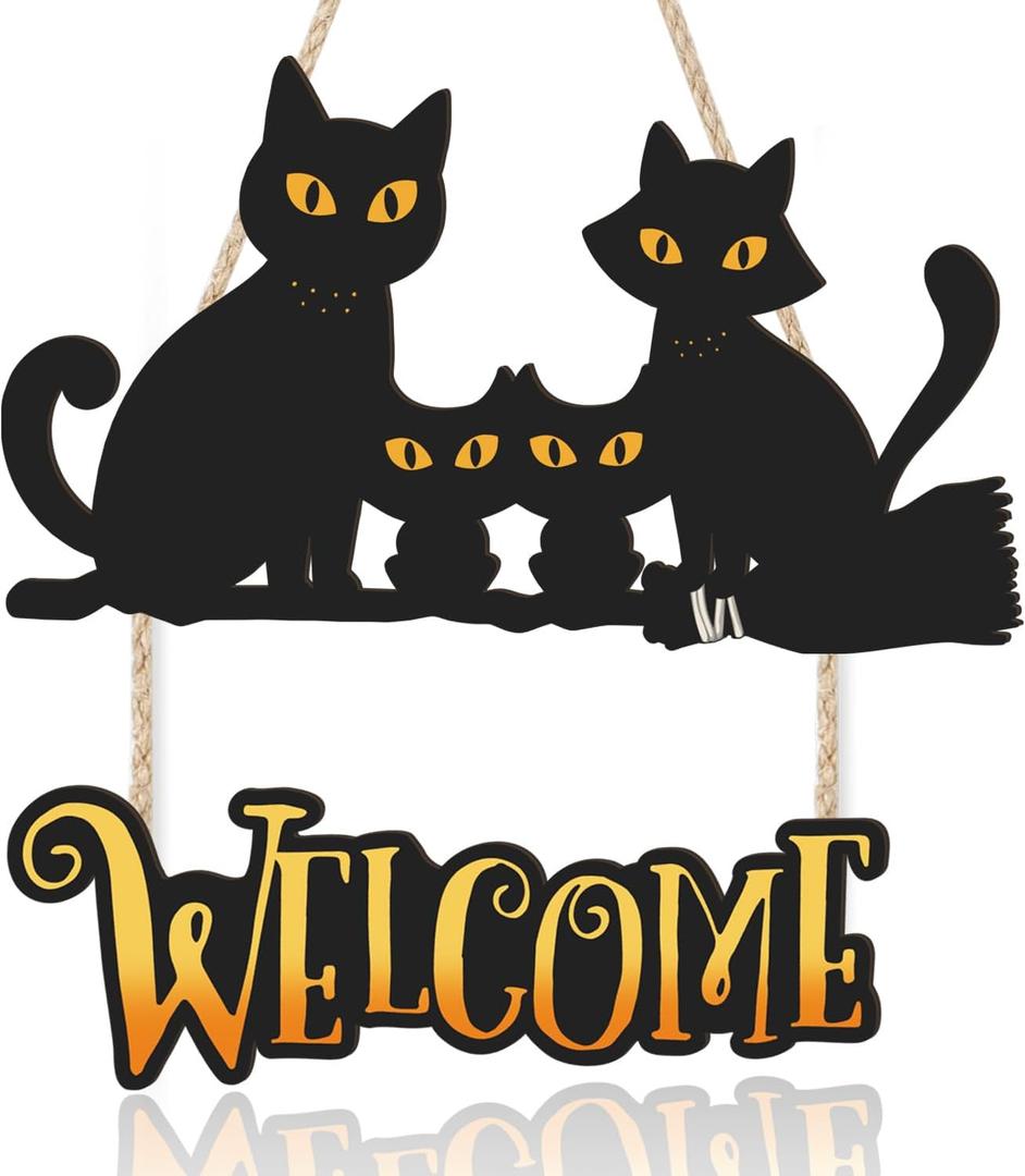 Halloween Door Decor Cats,Black Cats Sign,Halloween Welcome Door Hanger,Haunted House Witch Broom Black Cat Wall Decor for Porch Yard Home Outdoor Indoor Party Nursery Office Kids Room