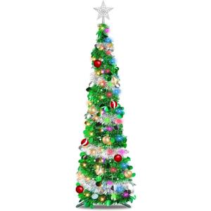 TURNMEON 5 Ft Pop Up Christmas Tree Dual Color Change Lights Ball Ornaments Star Sequin Green Tinsel Christmas Tree 8 Mode Timer Warm White Colorful Battery Operated Holiday Xmas Decoration Indoor