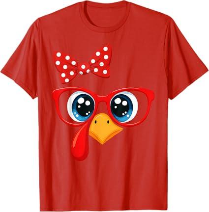 Turkey Face Red Cute Bow Thanksgiving Girl Women Kid T-Shirt Small