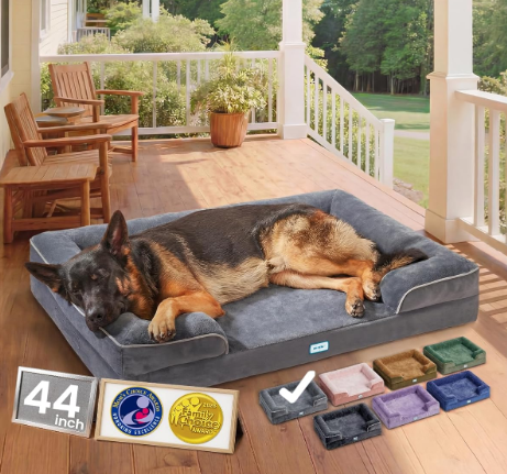 OhGeni Orthopedic Dog Bed Couch Big Cat Sofa for Extra Large Sized Pets with Memory Foam, Machine-Washable Waterproof Removable Cover, Soft Comfortable Fabric, 44-inch (Gray)