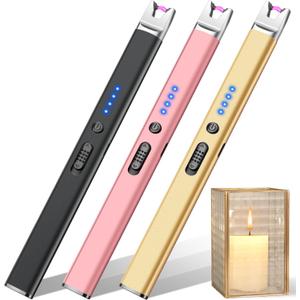 LcFun 3 Pack Electric Candle Lighter USB Rechargeable Plasma Arc Lighter with Safety Lock, Windproof Flameless Lighters Long Stem Matches for Candle, Grill, BBQ, Camping, Gas Stoves (Black,Pink,Gold)