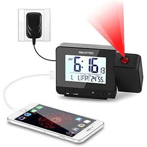 SMARTRO Digital Projection Alarm Clock for Bedrooms with Indoor Thermometer Hygrometer, USB Charger, Bedside Projector, Travel, AC and Battery Operated