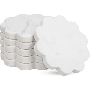 6 Piece Marble Coaster Set 4 x 4 Inch Natural Stone Coasters Scalloped Calacatta White Stone, Luxury Home Decoration, Drink Coasters for Coffee Table, Desk, Bar, Elegant Tabletop Accessories