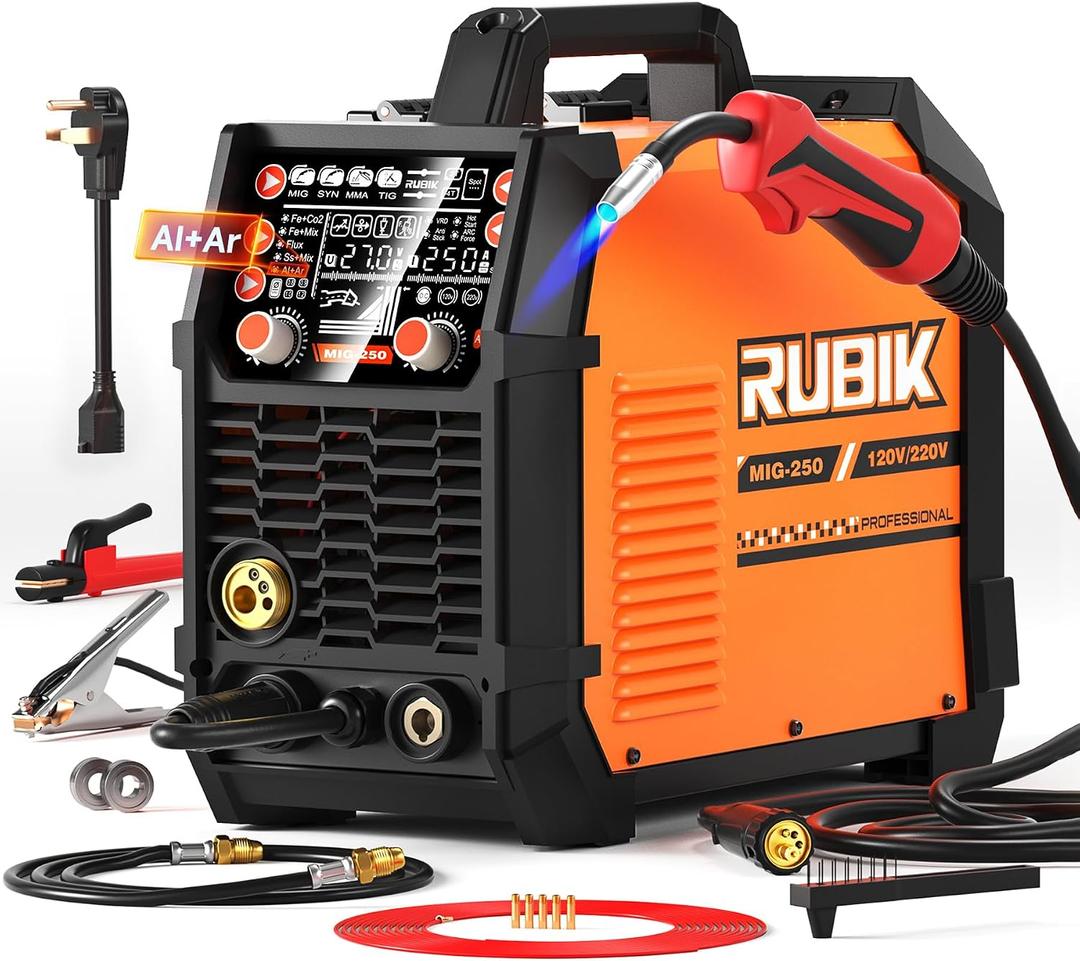 RUBIK Aluminum MIG Welder 250Amp, 5 in 1 MIG/Stick/Lift TIG Welder Gas Gasless Digital MIG Welder 110V/220V Dual Voltage LCD Display Welding Machine, Professionals Multi Process Welder