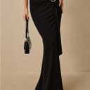 SHENHE Women's Low Waist Gold Buckle Side Strap Bodycon Flared Slim Long Maxi Fishtail Skirt (L)