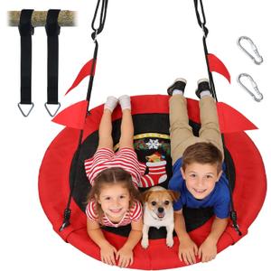 PACEARTH 40 Inch Flying Saucer Tree Swing, 900lb Weight Capacity, Sturdy Outdoor Swing Set with 2 Tree Straps, Safe and Durable Swing Seat for Children, DIY Package, Christmas Color Palette, Red