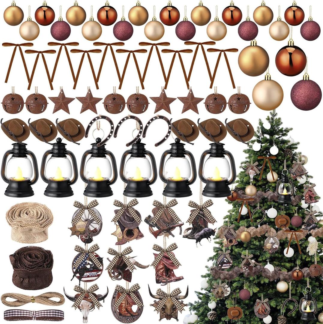 64 Pcs Western Christmas Tree Ornaments Set Xmas Cowboy Hanging Decoration West Theme Mini Cowboy Hats Lantern Rodeo Velvet Bows Rustic Stars for Holiday Country Party Favors Supplies
