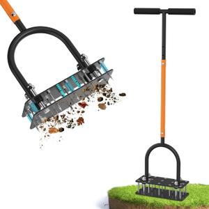 Lawn Aerator & Aerator Lawn Tool - Manual Yard Aerator for Lawn with 15 Spikes, Automatic Dirt and Leaf Clean Design, Adjustable T-Handle, Pre-Assembled Lawn Aerator Tools (Black + Orange)
