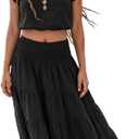 Thaluta Women's Maxi Boho Skirt Moana Flowy Long Cotton Skirt Bohemian Style (Black)