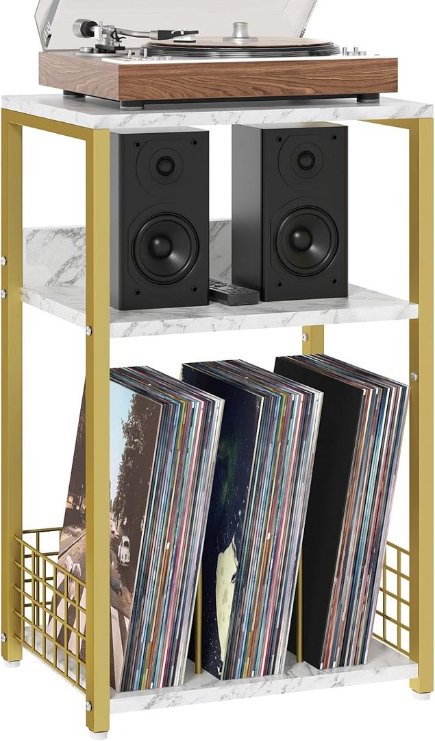Large White Marble Record Player Stand with Golden Metal Frame, 3 Tier 18" Wide Big End Table with Vinyl Storage Up to 130 Albums, Industrial Turntable Printer Tables for Living Room, Office