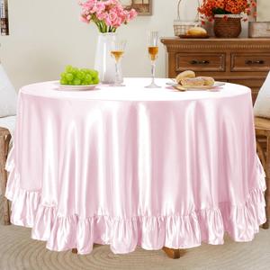 Entisn Ruffle Round Tablecloth 120 Inch, Pink Satin Table Cover Include 5 Inch Flounce Trim for 60-90 Inch Table, Washable Wrinkle Resistant Silky Decor for Banquet, Party, Kitchen