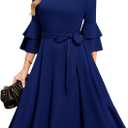 DRESSTELLS Women's Cocktail Dress Summer Wedding Guest Party Vintage 3/4 Bell Sleeve V Neck A-Line Dress (Blue, S)