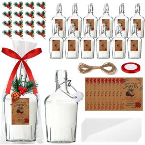 Ferrochef 12 Set Christmas Swing Top Glass Bottles 8.5 oz Flip Top Brewing Bottles with Airtight Cap Lids Pine Needles Homemade Liqueur DIY Wedding Party Favor(Coquito)