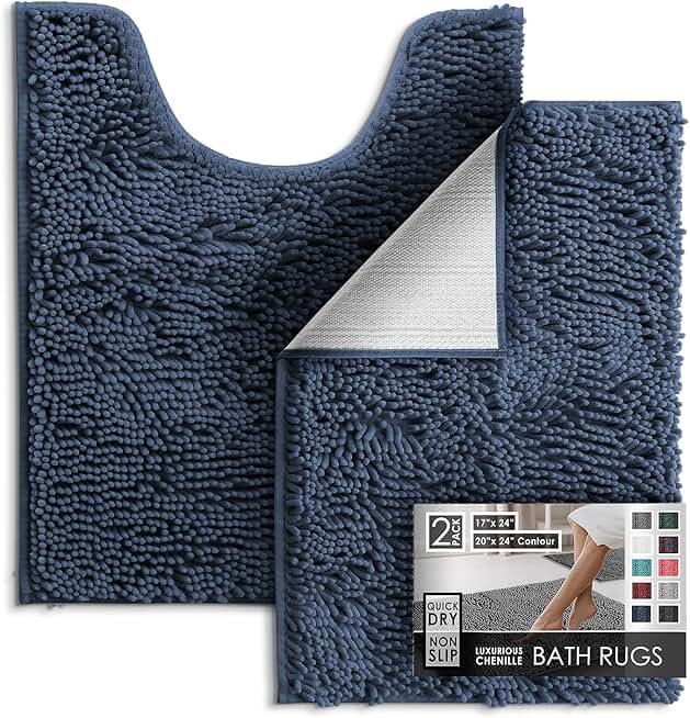 Hearth & Harbor Bathroom Rugs, Chenille Bath Mat - Machine Washable Bath Mats for Bathroom Non-Slip Backing Rubber, Quick Dry Bathroom Mat - Navy Blue 17x24-20x24