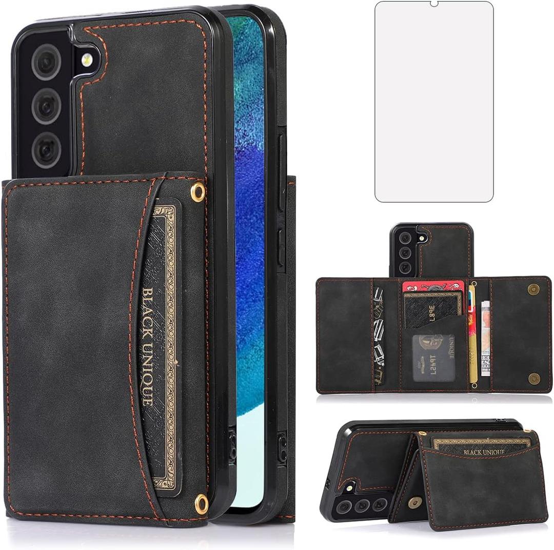 NKECXKJ Design for Samsung Galaxy S22 5G Wallet Case with Tempered Glass Screen Protector PU Leather Credit Card Holder Slot Phone Cases Kickstand Shockproof Protective Cover for Men 6.1 inch Black