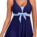 Aleumdr Women Printed Two Piece Tankini Swimsuits Tummy Control Swim Dress High Waisted Boyshort with Pockets (Blue, L)